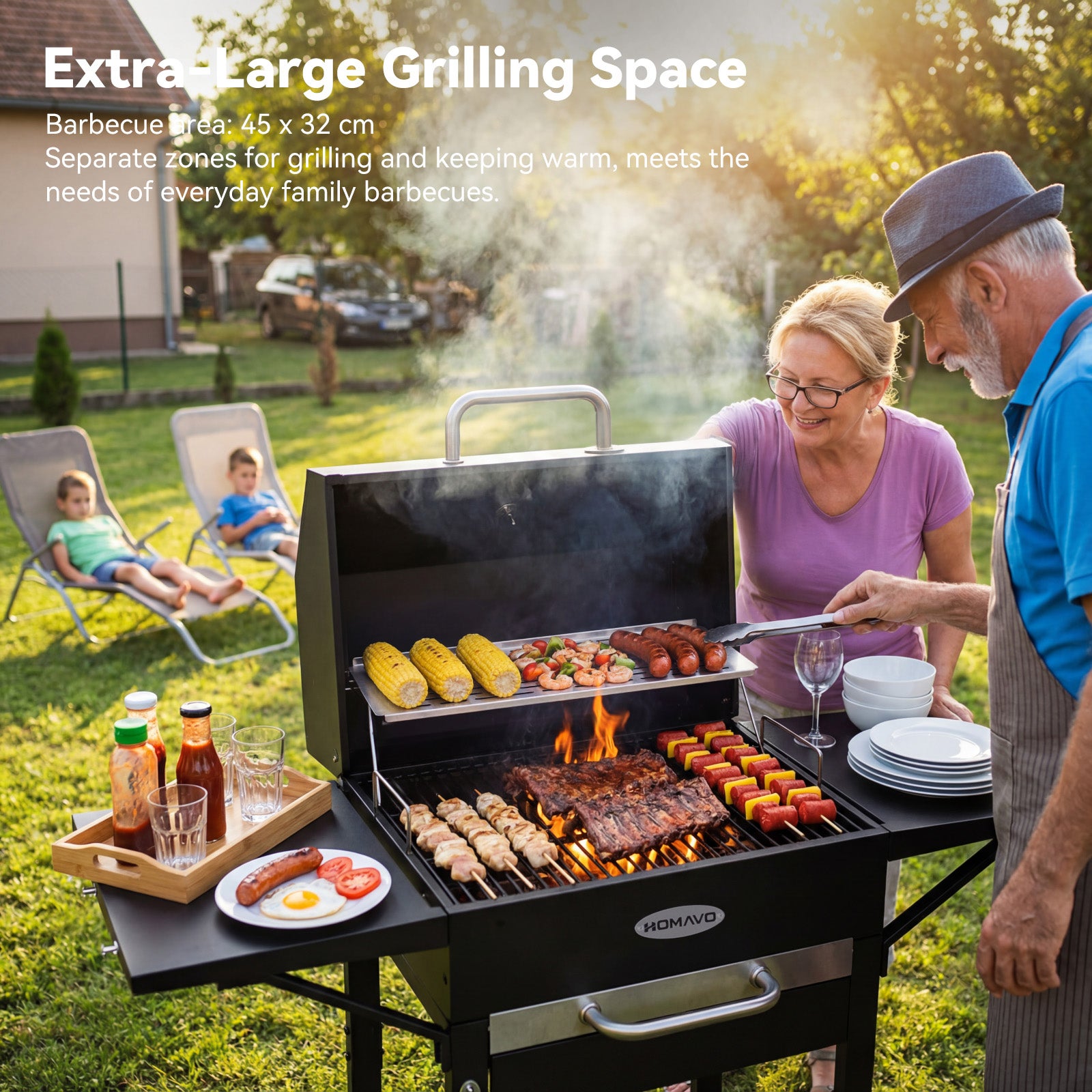 Barbecue a Carbonella, Superficie di Cottura: 45×32 cm, Griglia Principale in Smalto, Ripiano Riscaldante, Termometro HOMAVO - 2