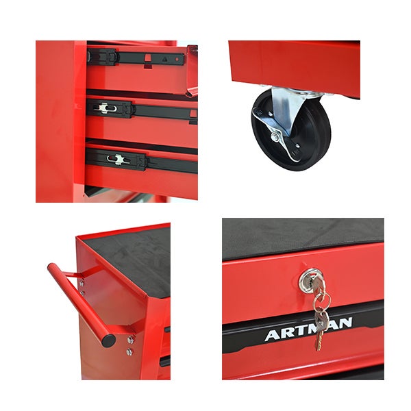 Coffre à outils en métal avec roulettes, 5 tiroirs,armoire à outils pliable en 5 parties, glissières de tiroir à billes, organiseur d'outils en acier. - 8
