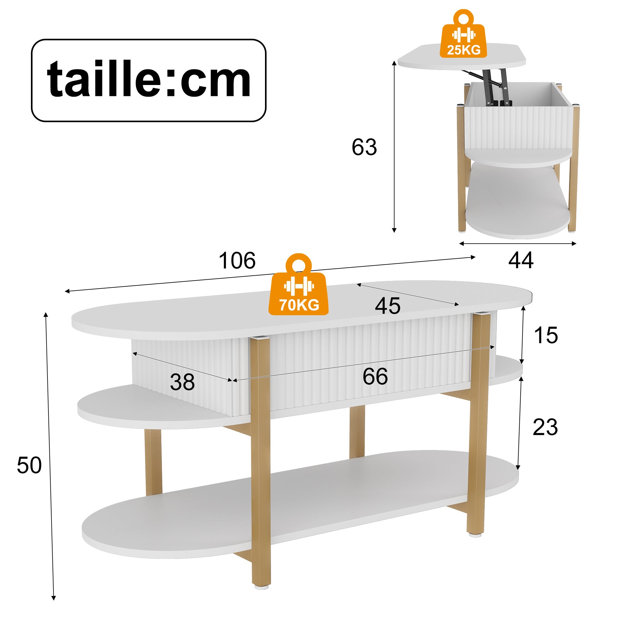 KEFSR Table Basse avec Plateau Relevable Bois MDF,Table de Salon Relevable Moderne avec Compartiment Caché et Étagère,Réglable,106x45x50cm,Blanc - 2