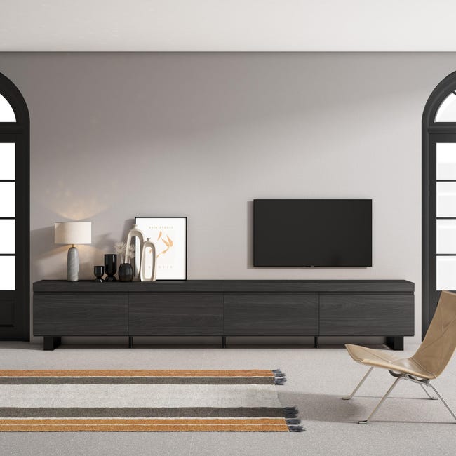 Mueble TV Moderno De Roble Y Negro - 310x50x37 Cm, Para TV Hasta 80", Con Puertas Y Almacenaje