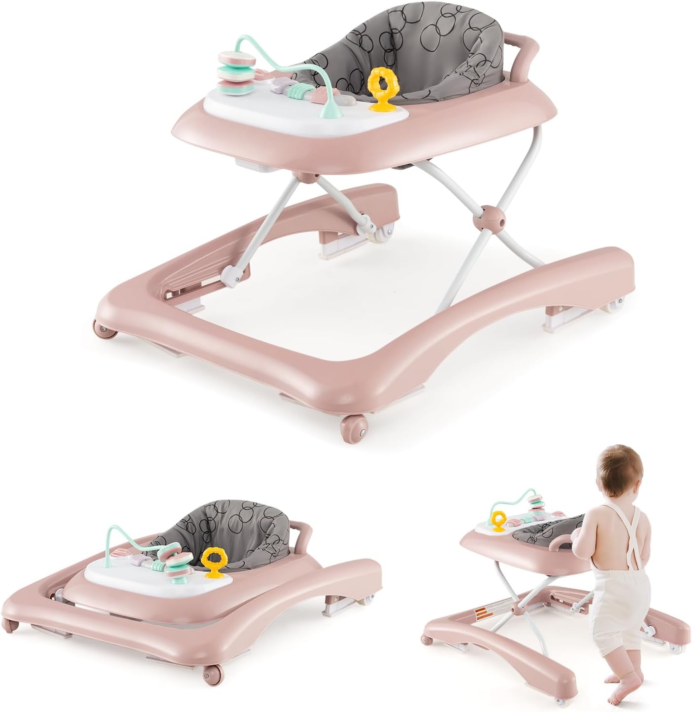 3 w 1 Ewoluujący Chodzik dla Niemowląt, Składany Chodzik z 3 Regulowanymi Wysokościami, Zdejmowanym Siedziskiem i Regałami, Nośność 12 kg (Różowy)