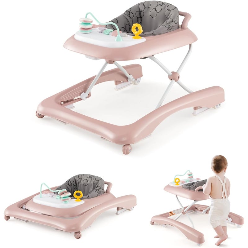 3 w 1 Ewoluujący Chodzik dla Niemowląt, Składany Chodzik z 3 Regulowanymi Wysokościami, Zdejmowanym Siedziskiem i Regałami, Nośność 12 kg (Różowy)