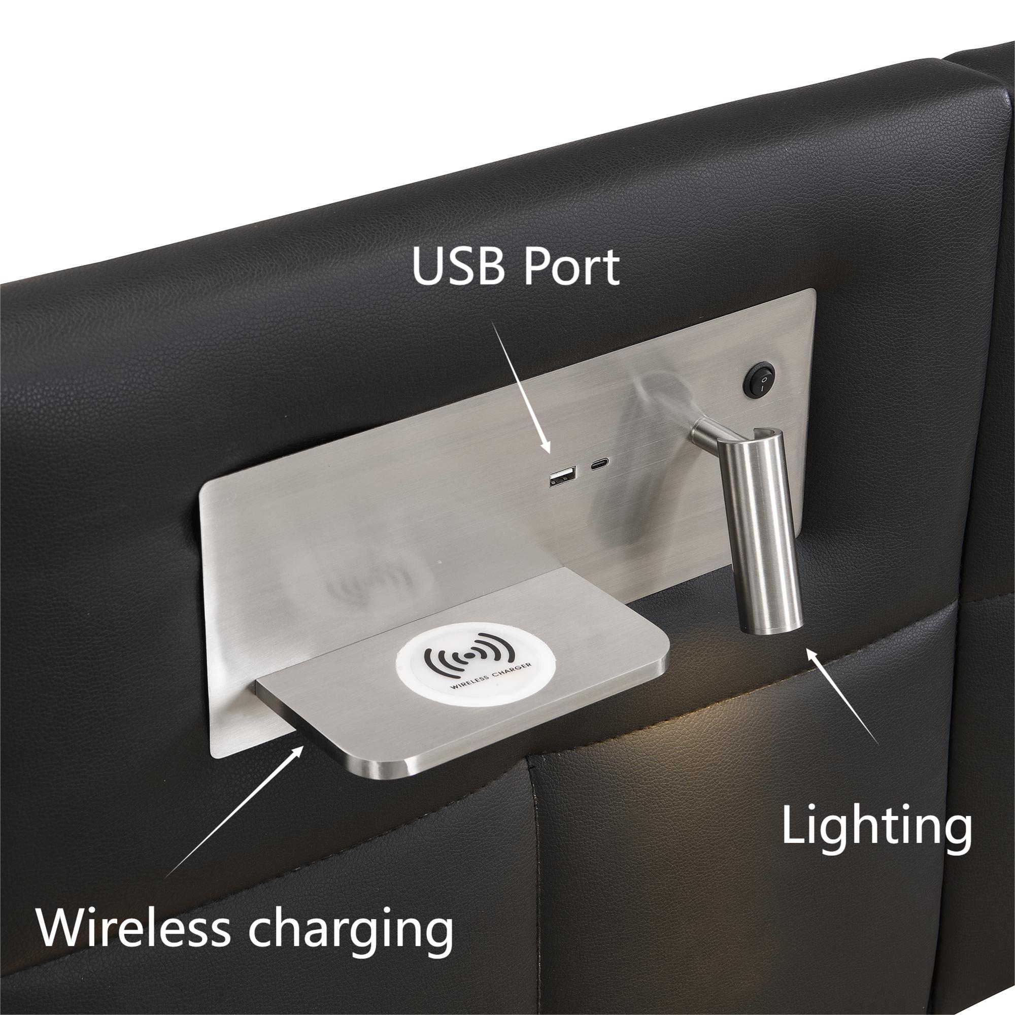 Cama contenedor de tela ecopiel 180x200 cm - con puerto USB, carga inalámbrica y LED - con somier - Negro - 6