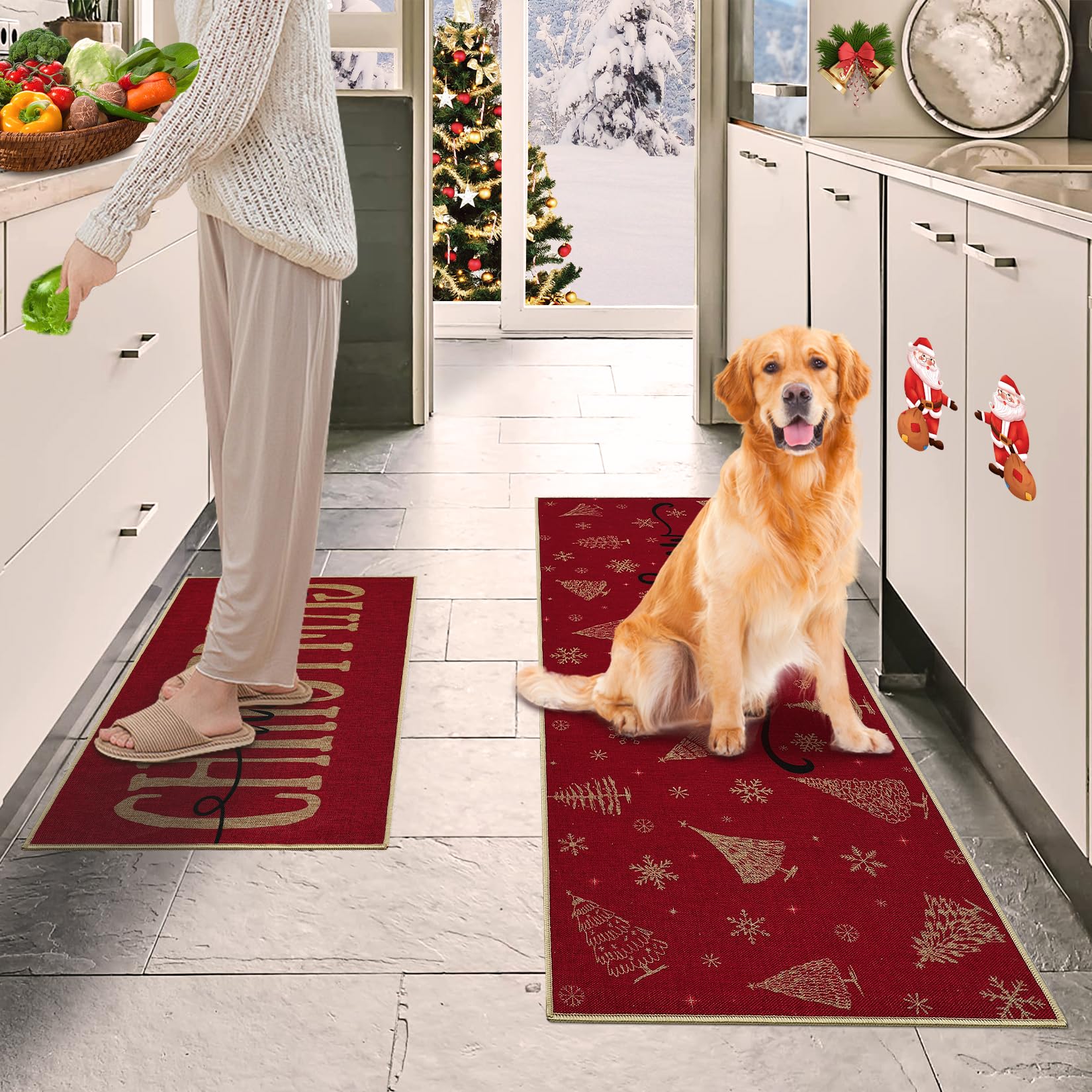 Set di 2 tappetini da cucina natalizi, tappeto con fiocchi di neve per albero di Natale, zerbino natalizio antiscivolo e lavabile, 50*80 cm+50*150 cm - 5