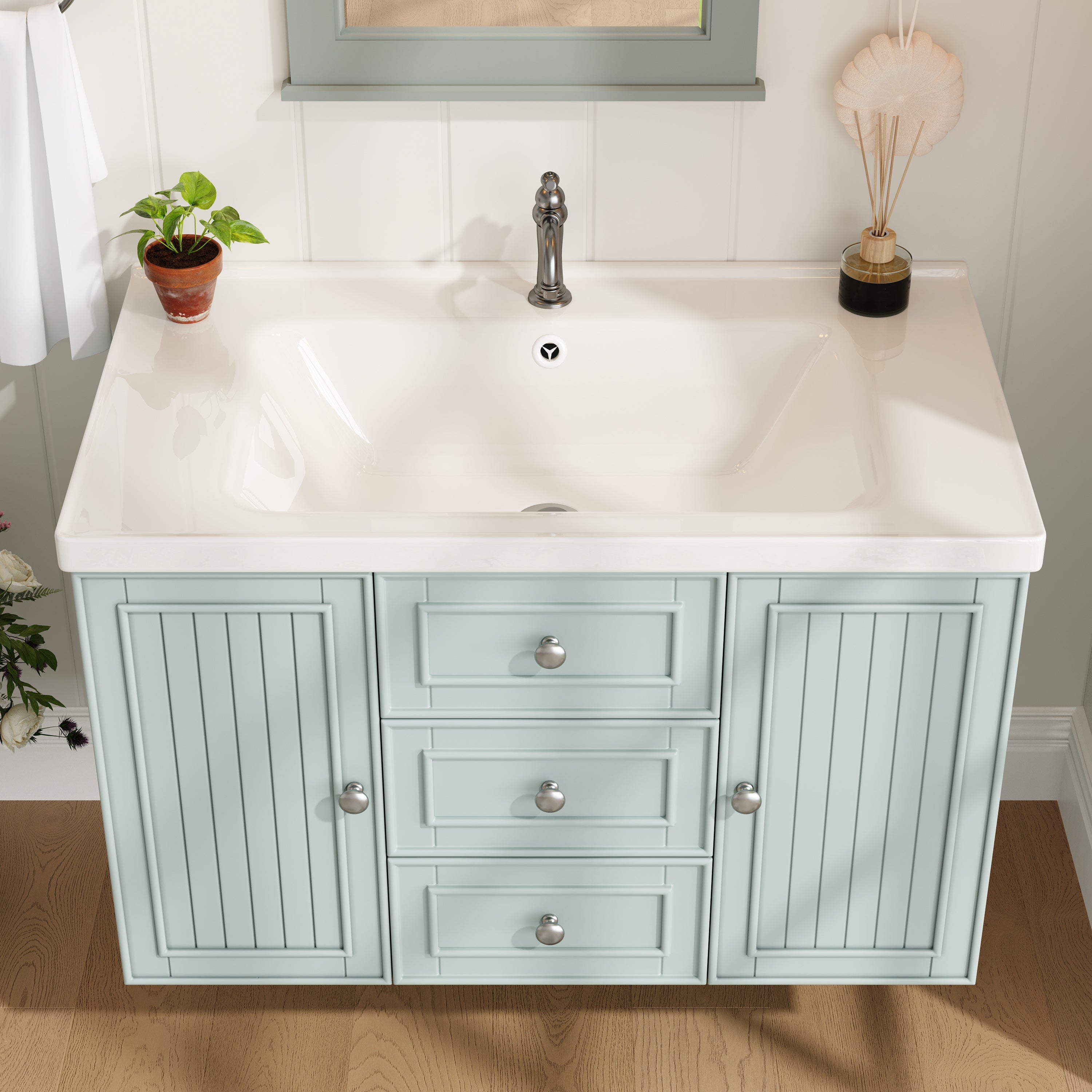 Meuble sous-vasque, meuble de salle de bain, meuble vasque avec 3 tiroirs, grand espace de rangement, meuble vasque mural, vert, 78,5 × 46 × 46,8 cm - 3