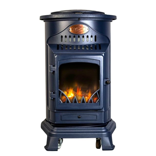 Poêle à gaz 3400W Fonte Véritable – Chauffage d'appoint Design Bleu Marine - Effet feu de bois, mobile sur roues Provence Sahara