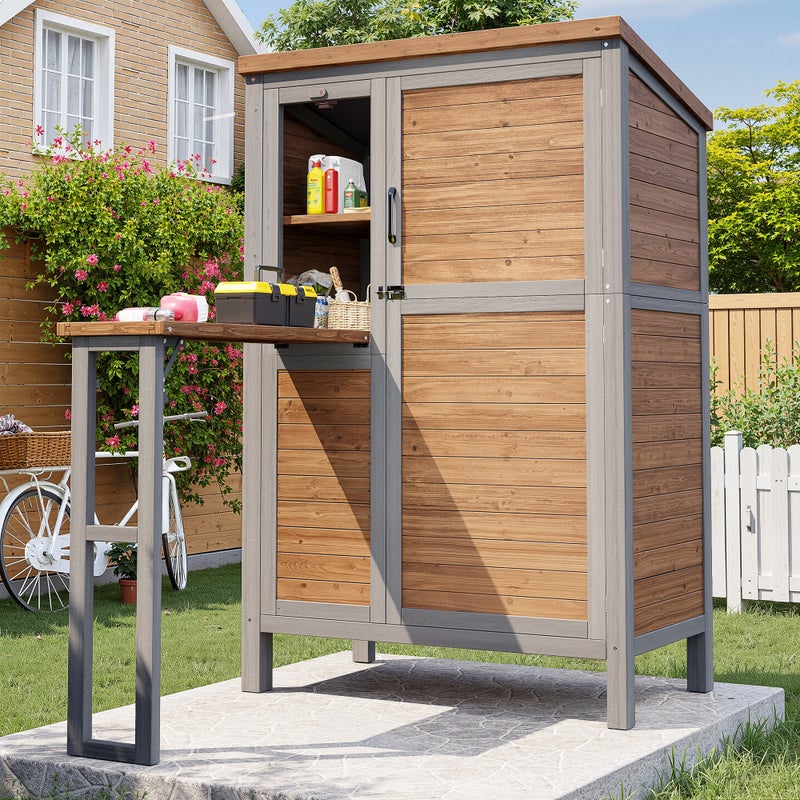 Domek ogrodowy z 1 drzwiami i składanym blatem - 86 x 46 x 160 cm - Regulowane półki - Jodła, dach asfaltowy, metal - Drewno