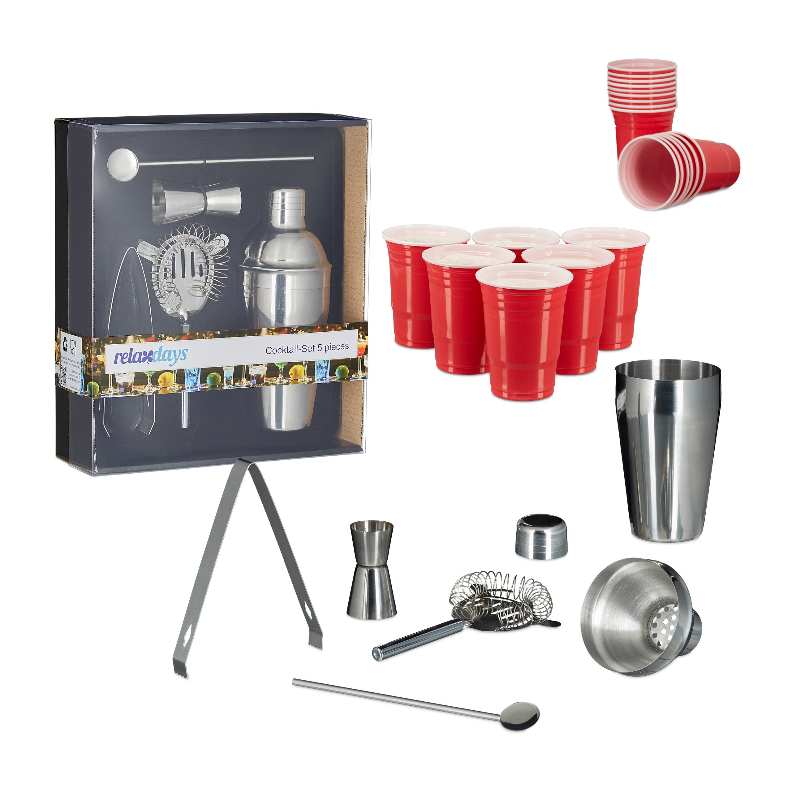 Relaxdays Set Da Cocktail Professionale 6 Accessori In Acciaio Inox Con Fiaschetta 1,8L