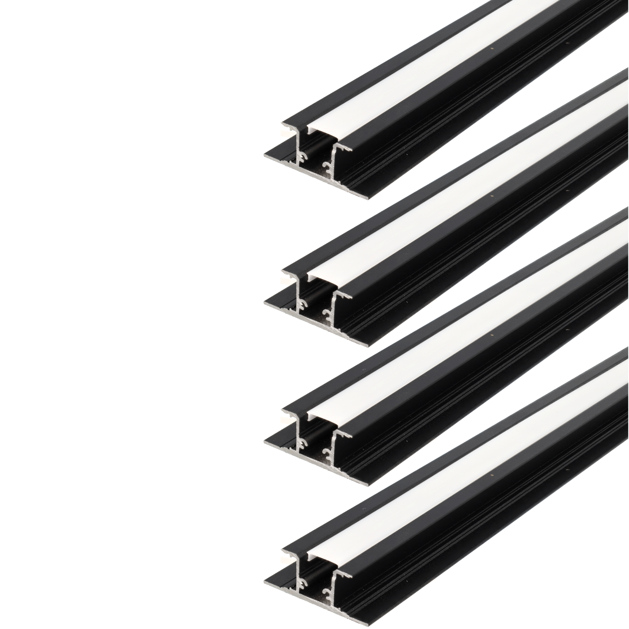 Zestaw 4 szt. czarnych profili aluminiowych z podwójną listwą 1 m do taśmy LED z przezroczystą osłoną 48 x 18 mm