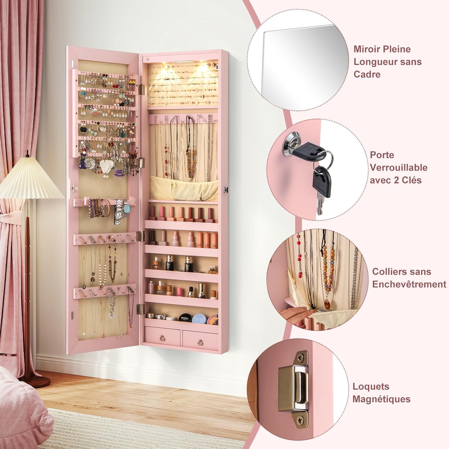 Armoire à Bijoux avec Miroir, Armoire a Bijoux Murale avec Éclairage LED, 2 Tiroirs, Fixer au Mur ou à Suspendre sur Porte (Rose) - 6