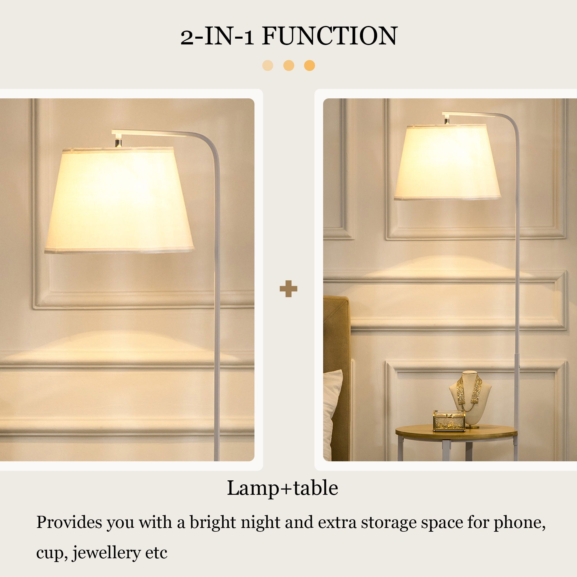 Lampa podłogowa o szerokości 162 cm z 2 półkami i białym, lnianym kloszem, nowoczesny design z metalu i bambusa, do salonu i sypialni - 4