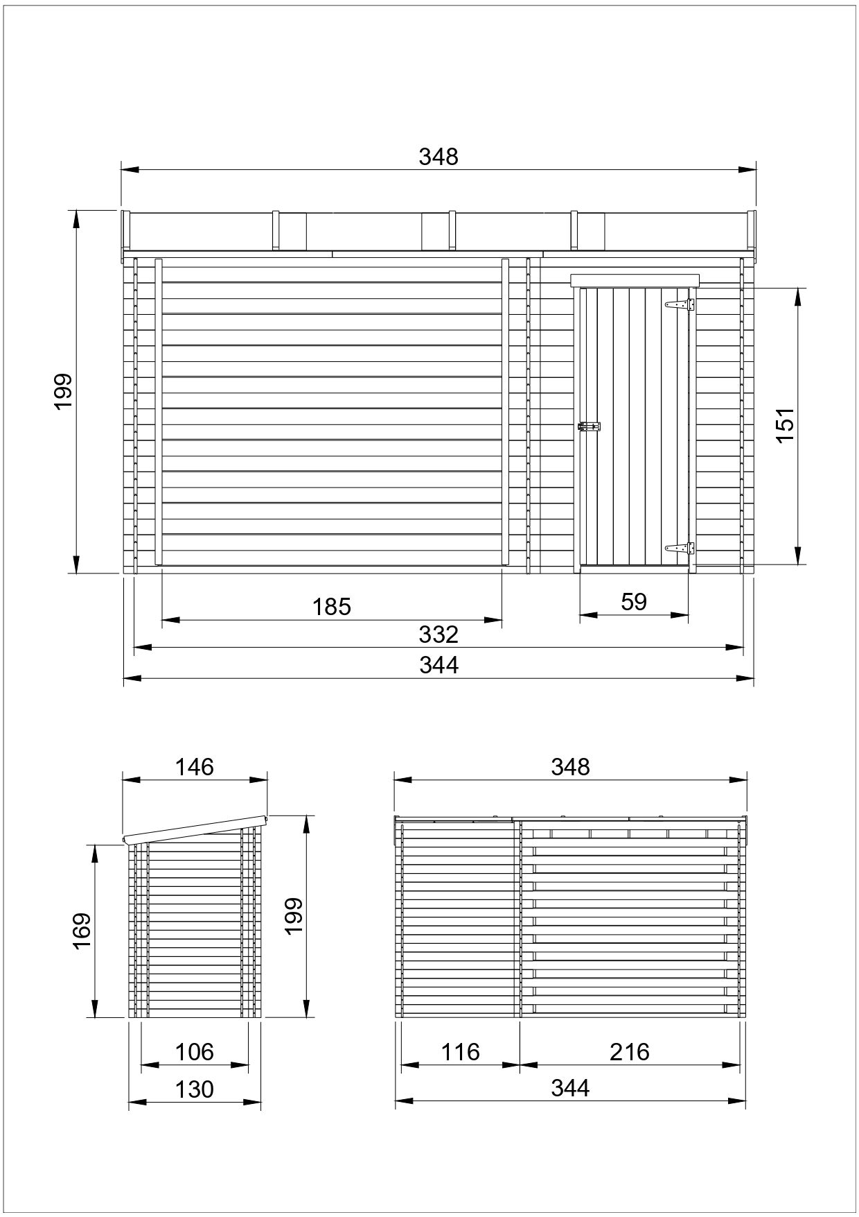 Abri de jardin+ Chalet pour vélos/ Bucher/Abri conteneur - Cabane de jardin avec Toit plat - 344 x 130 cm - 2,54 m2+1,1 m2 - TIMBELA M205 - 2