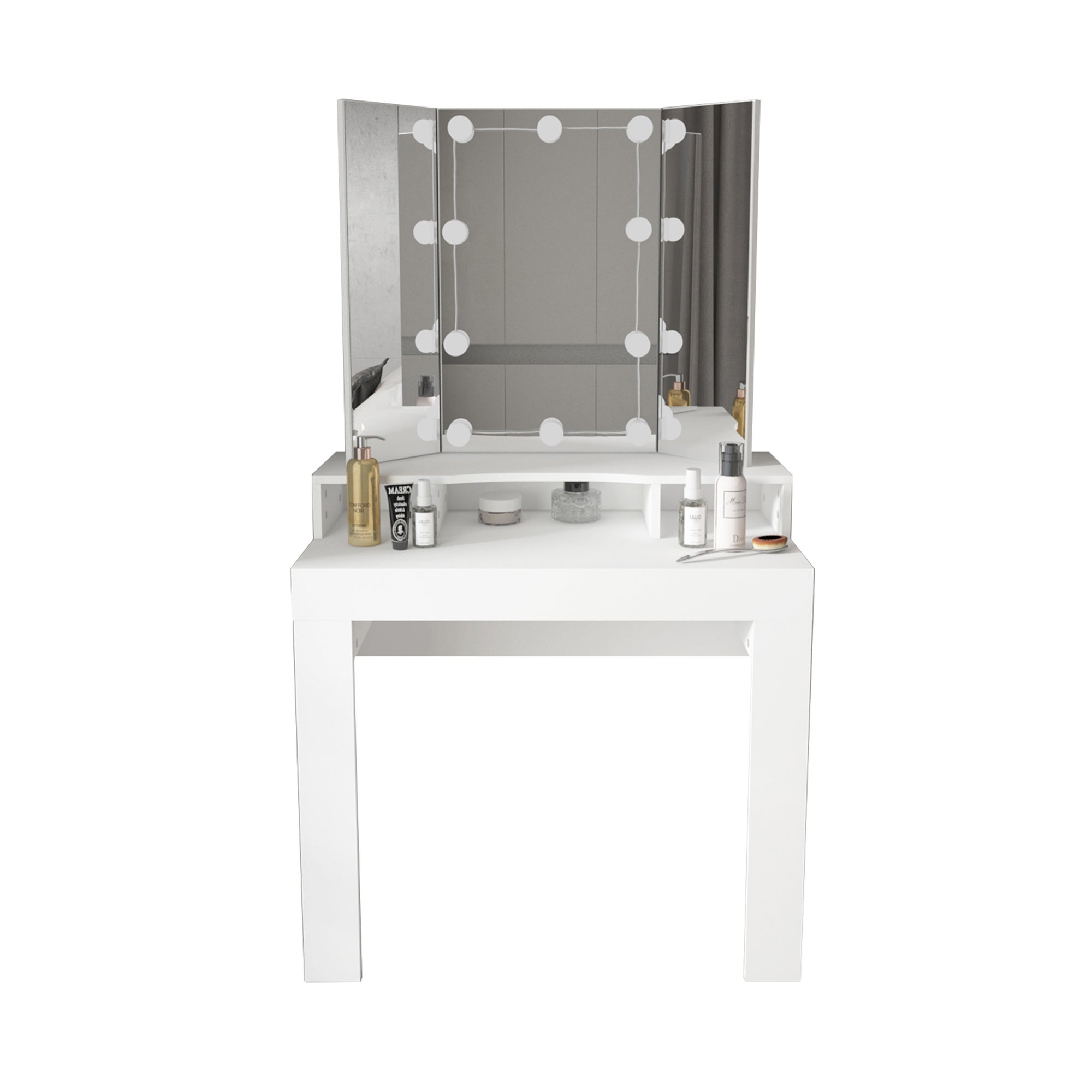 ML-Design Dressing Table White toaletka z oswietleniem LED, lustro 3 szt. skladane, szuflada 3 przegrody, 89,5x155x43,5cm, toaletka damska i