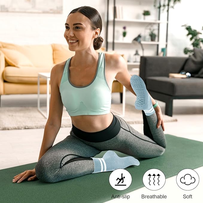 Chaussettes de yoga antidérapantes pour femmes, bleu vert rose, 17 x 8,5 x 9 cm, lot de 3 pièces, adaptées au Pilates - 5