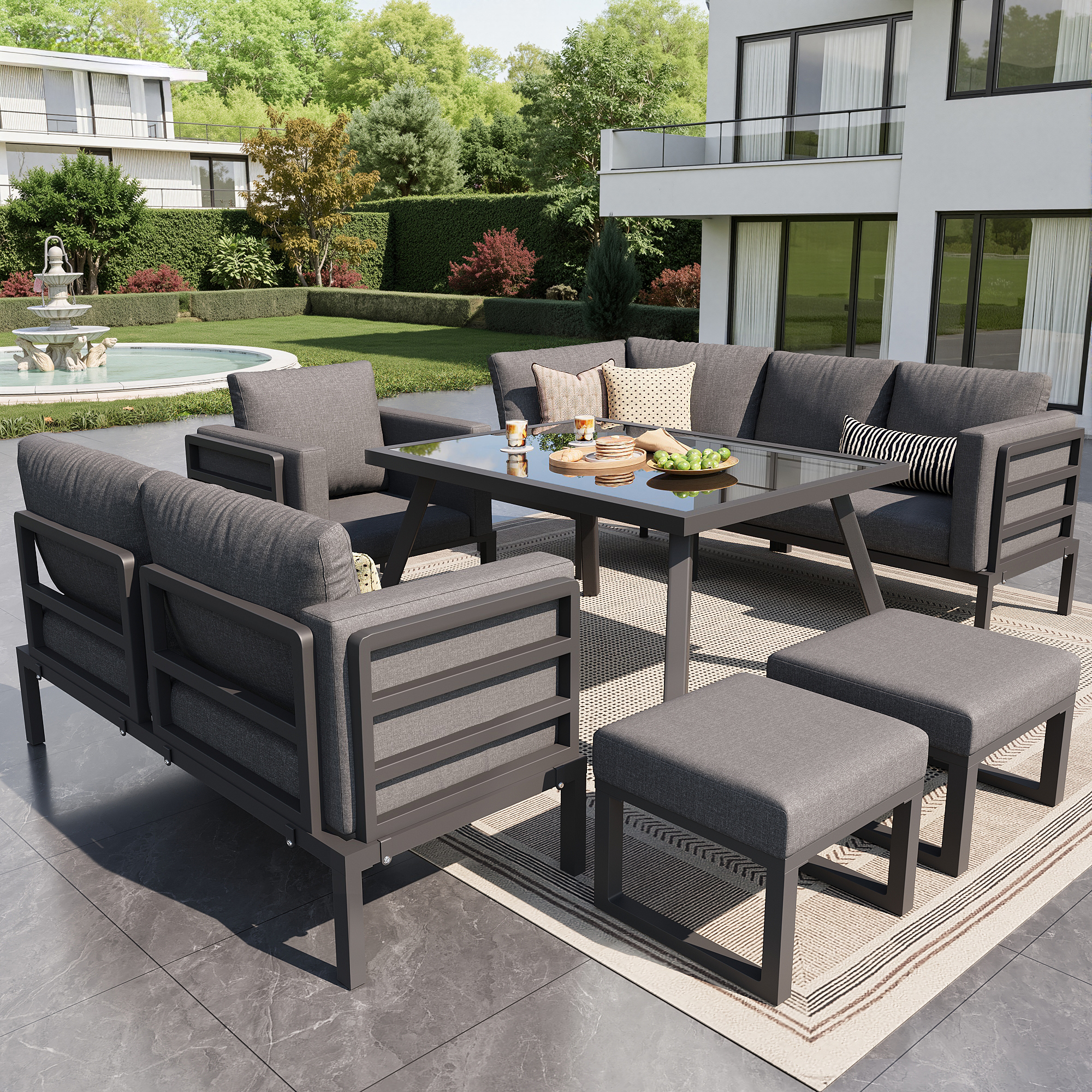 Salon de jardin en fer pour 8 personnes, canapé de jardin en forme de croissant, mobilier pour balcon et terrasse, avec coussins gris - 3