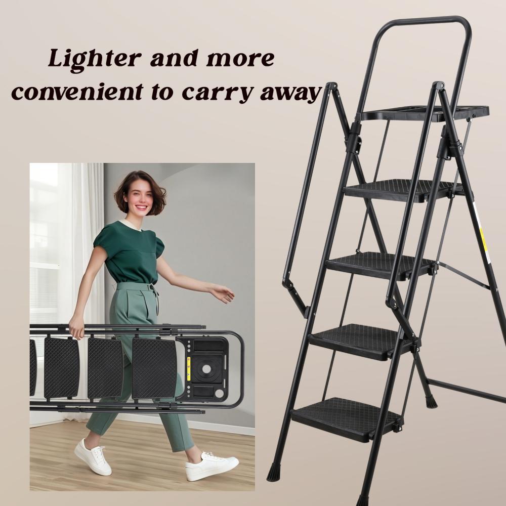 Escabeau 4 marches acier robuste avec main courante, pédales larges antidérapantes, 150 kg, pliant cuisine maison - 6