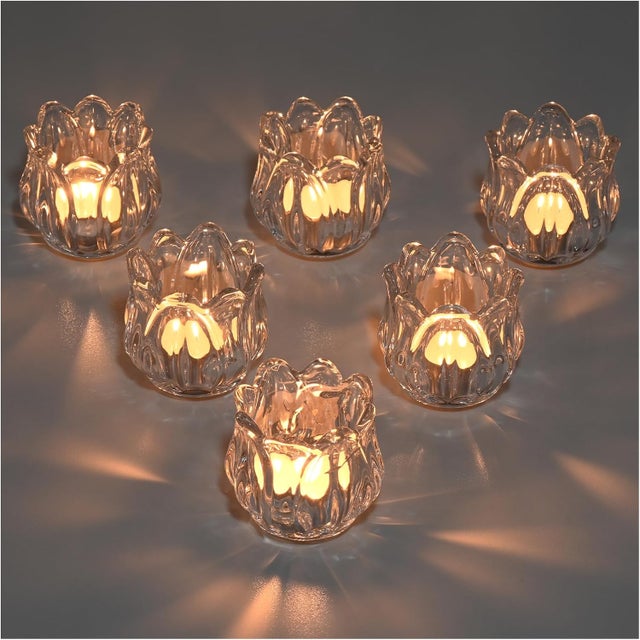 Juego de 6 portavelas de cristal para velas pequeñas, portavelas de cristal con forma de tulipán para centros de mesa, portavelas para velas pequeñas