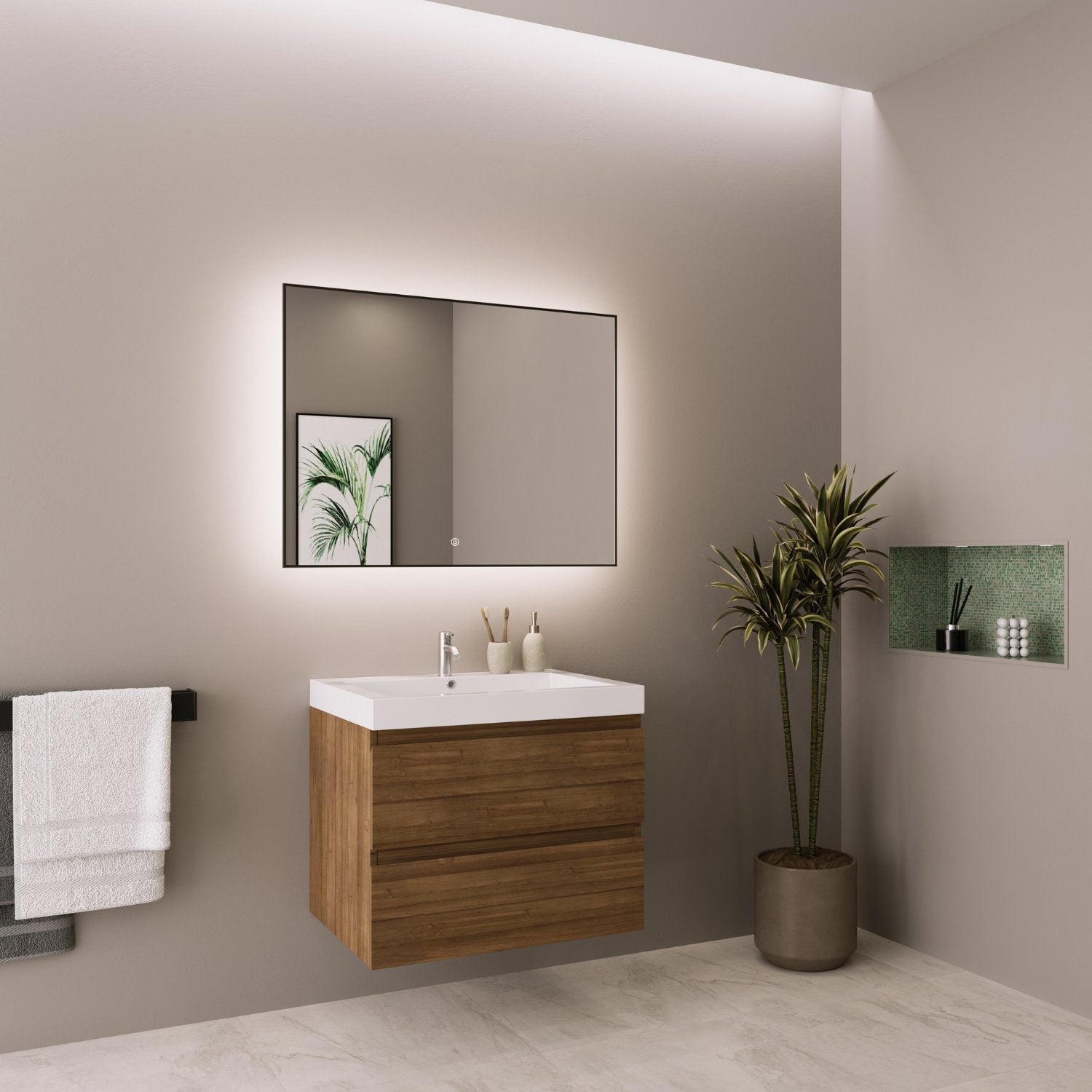 Mueble de baño suspendido con lavabo 60 cm roble dorado con 2 cajones - LOMAZOO Monaco - 9