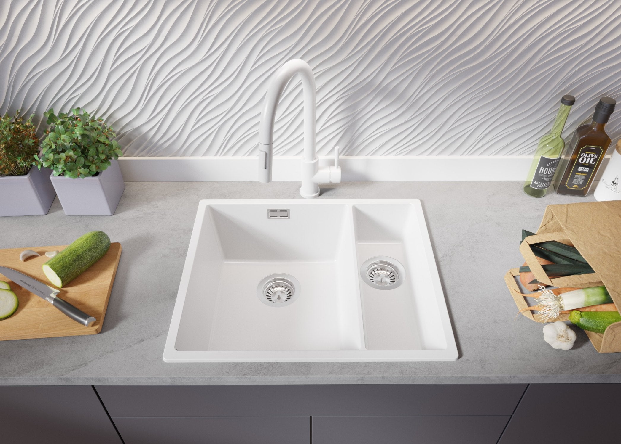 Lavandino da Cucina Bianco 56x47cm, Lavello in Granito a 1,5 vasche + Sifone Classico + Accessori, Lavabo da Cucina Incasso al mobile 60cm PRIMAGRAN - 3