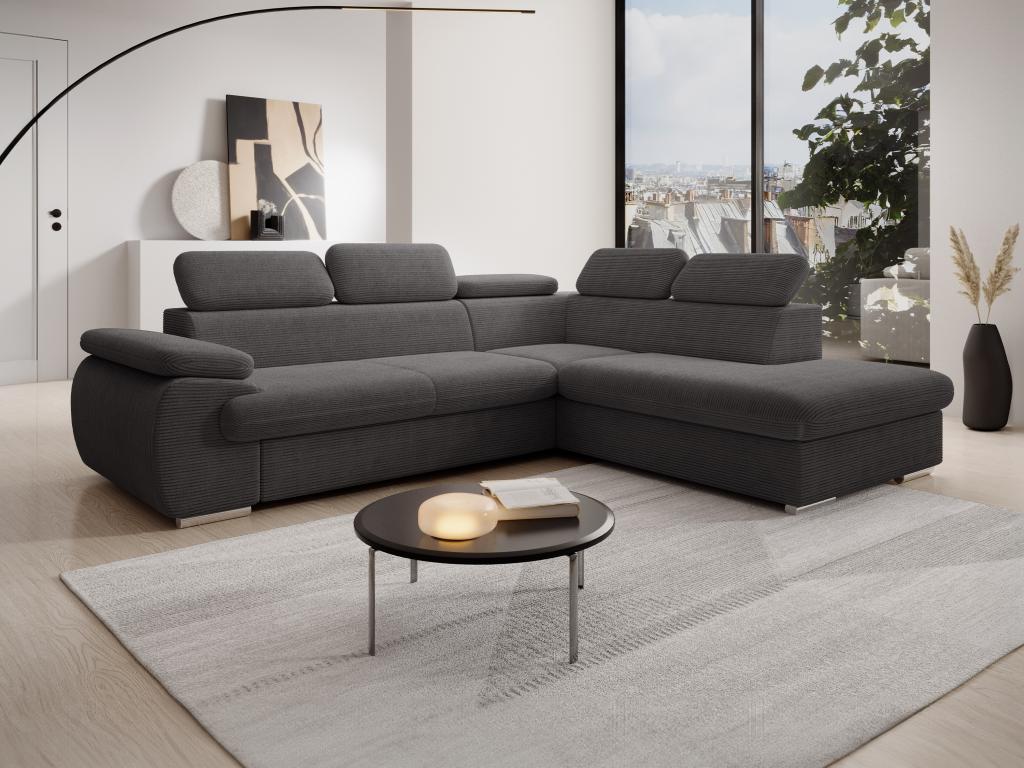 Canapé D'angle Convertible ANNIO U En Velours Côtelé Gris Foncé - 345x202cm, Couchage 270x125cm, Rangement Intégré