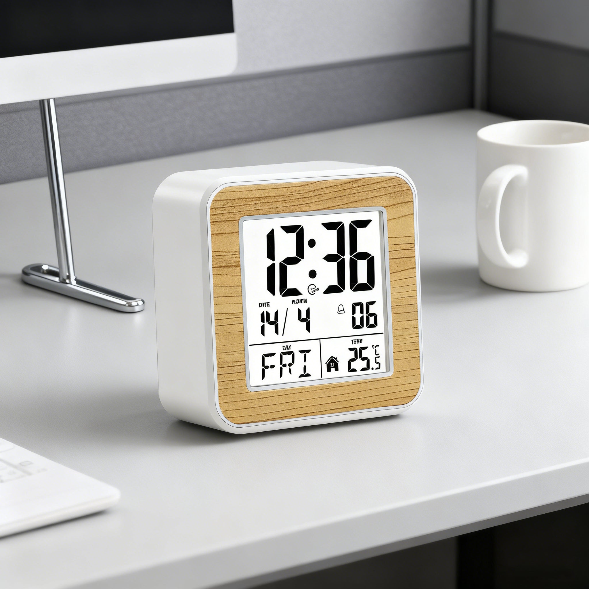 Sveglia da comodino luminosa bianco marrone per bambini e studenti, display temperatura, calendario perpetuo e schermo facile da leggere - 5