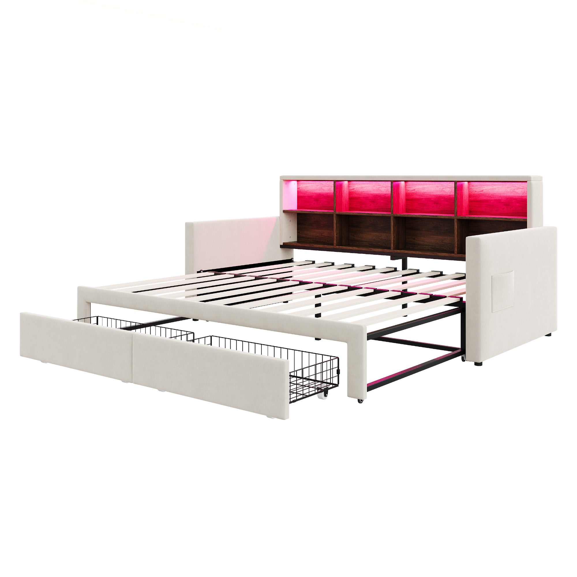 Rozkładana sofa z poduszkami 90x190 cm - Oświetlenie LED - z gniazdem ładowania - dwie szuflady - stelaż lamelowy - welur - beżowy - 9