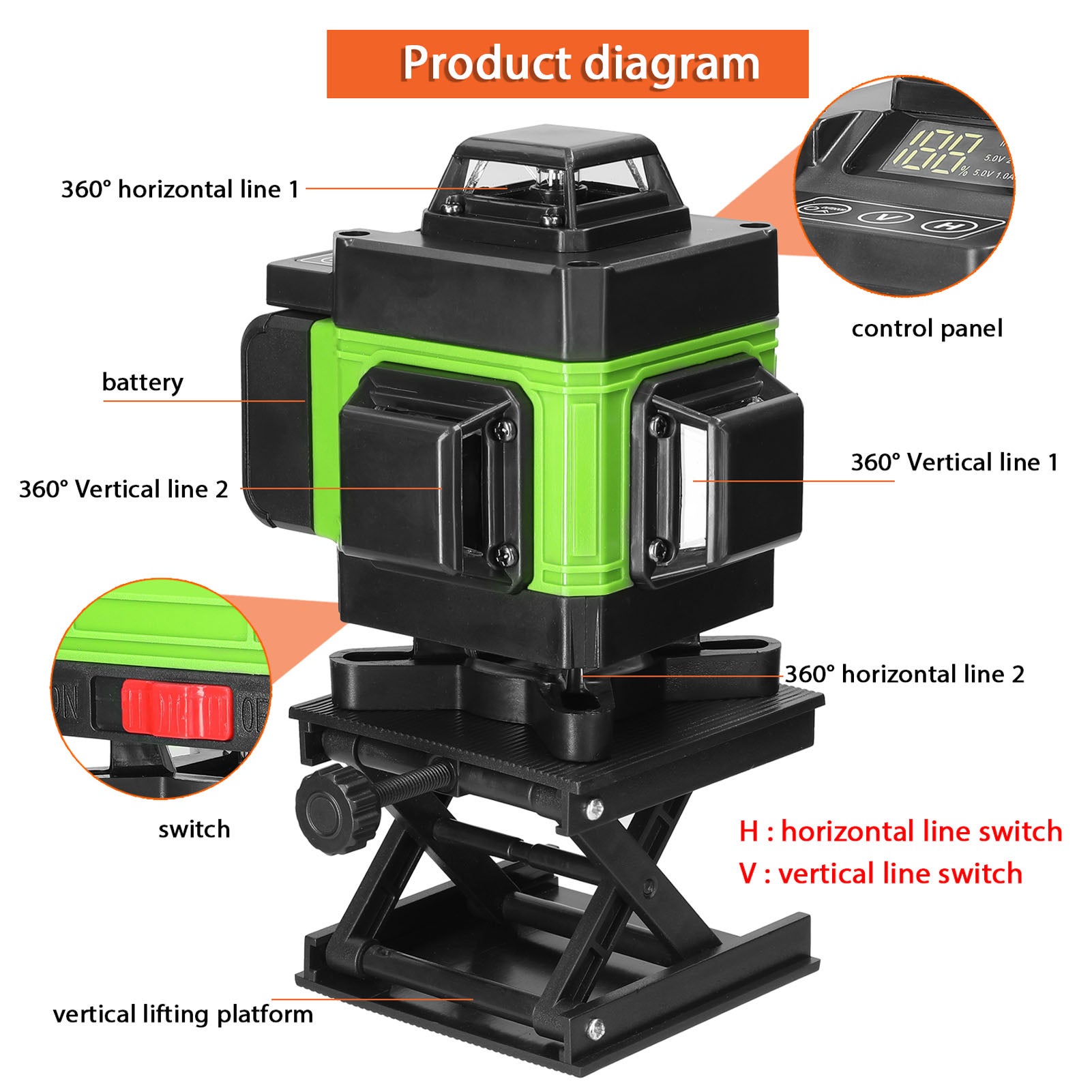 Livella a bolla 4D a 16 linee, autolivellante a 3°, batteria ricaricabile tramite USB, con barra di estensione in lega da 1,2m e treppiede a 3 altezze - 3