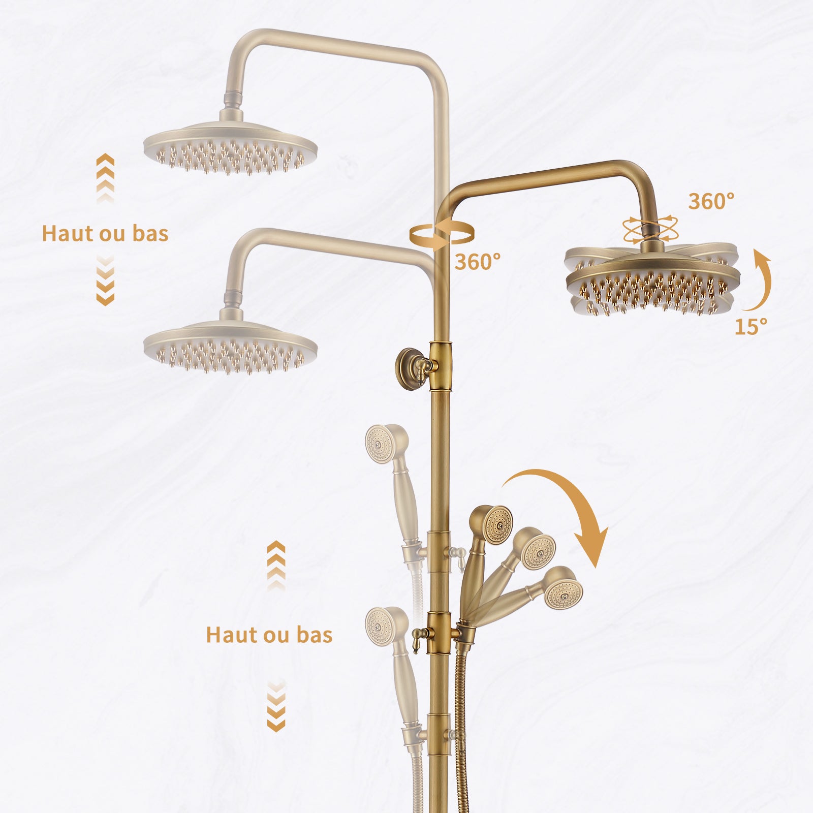 Colonne de Douche Rétro à Double Poignée en Laiton, Système de douche Antique Réglable en hauteur, Kit de Douche avec Finition Bronze - 3