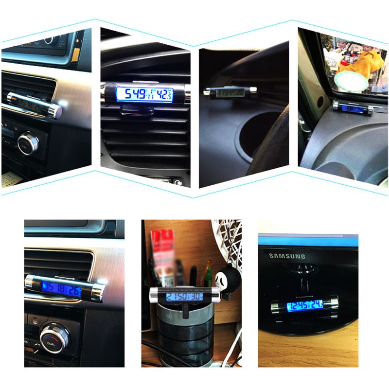 Horloge de voiture 2 en 1, thermomètre numérique à LED avec rétroéclairage bleu, commutation 12h/24h, pour voiture et camion - 4