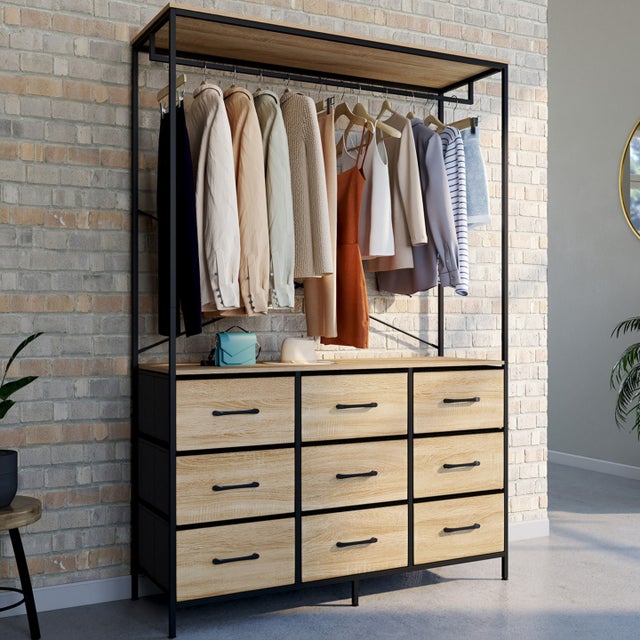 Dressing penderie L. 113 cm UTAH avec 9 bacs en tissu bois et noir