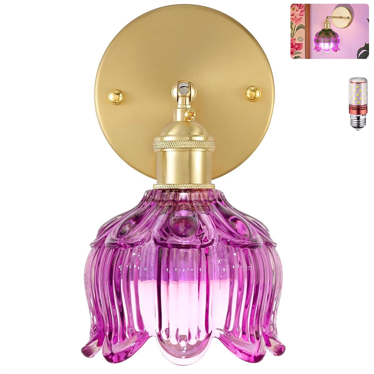 Lampa ścienna z żarówką, lampka nocna w stylu vintage, lampa ścienna do lustra łazienkowego, lampa ścienna kwiat z szklanym kloszem