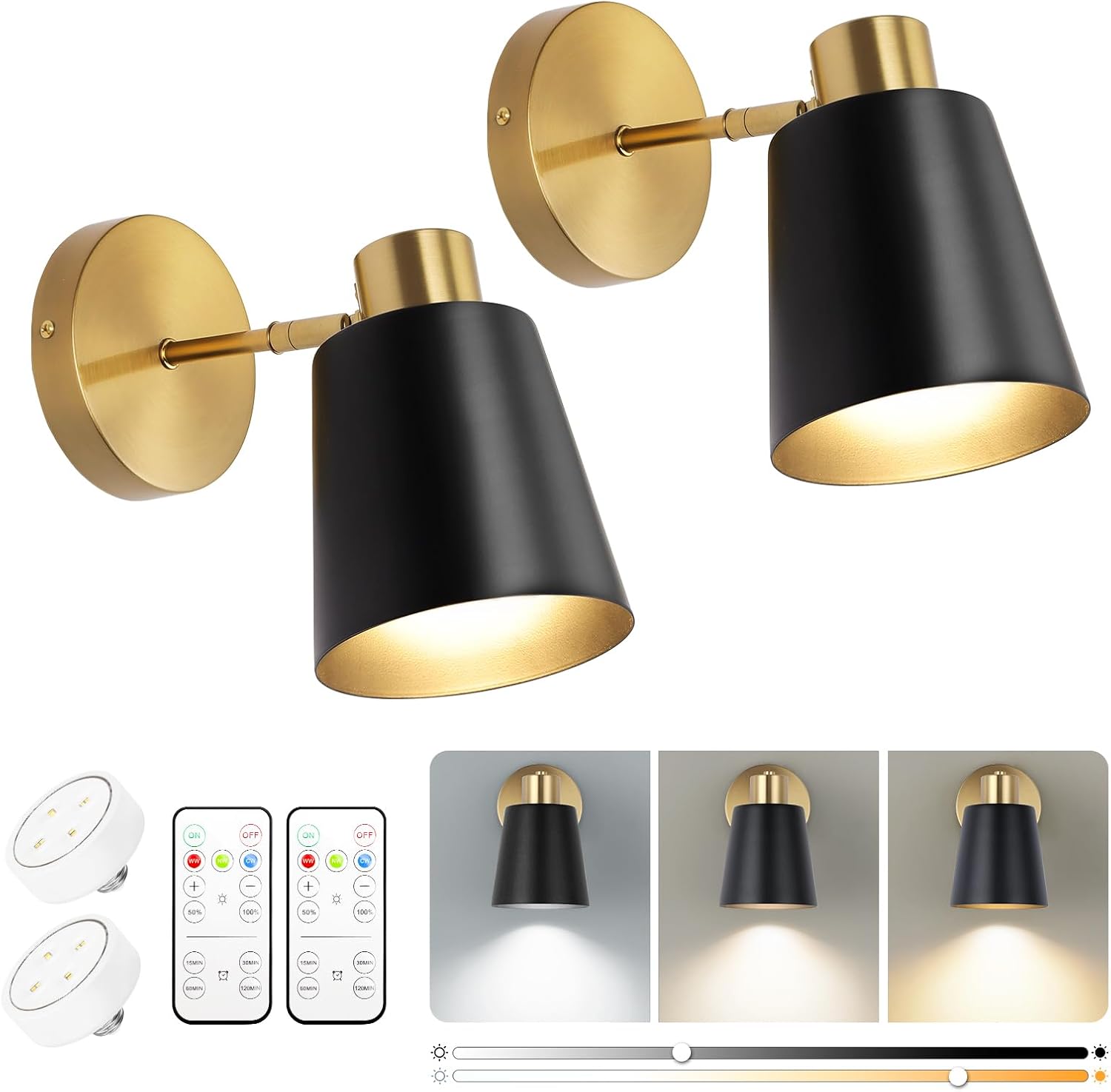 Kinkiety zasilane bateriami, nowoczesny zestaw bezprzewodowych lamp ściennych (2 sztuki), z pilotem, odpowiedni do stosowania w salonie.