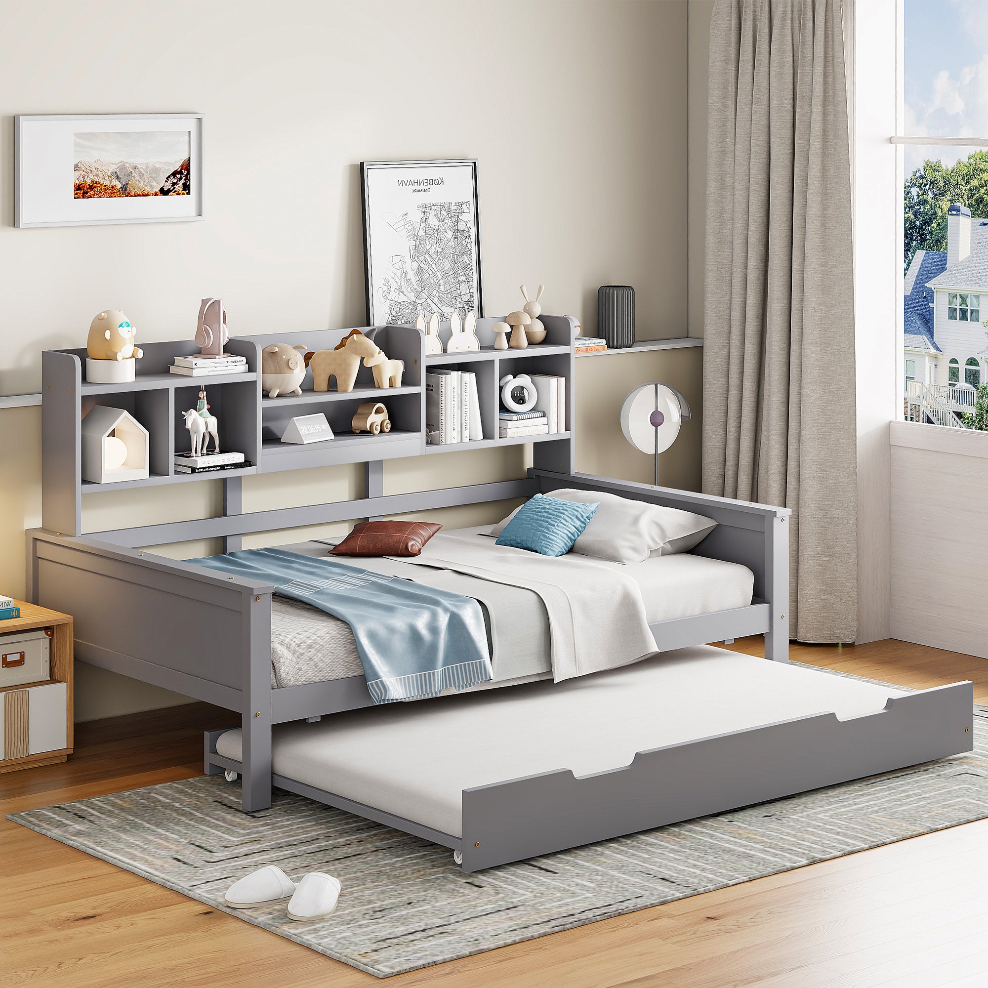 Łóżko wysuwane 90 x 200 cm + 90 x 190 cm z wezgłowiem i przegródkami, sofa rozkładana - Sosna + sklejka + MDF - Szary (Bez materaca)