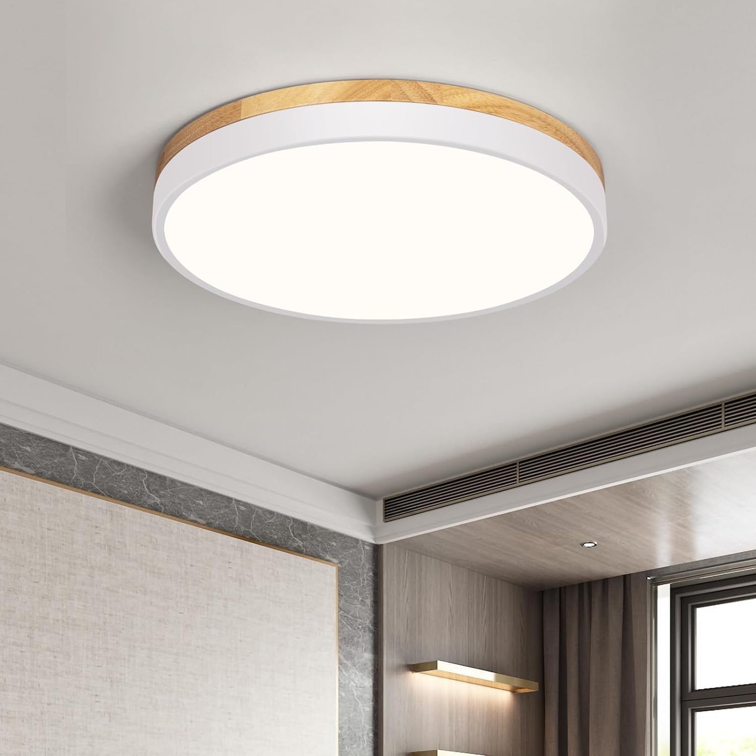 Plafon LED, nowoczesny okrągły plafon drewniany, 4000 K, odpowiedni do sypialni, plafon do przedpokoju, 30 cm, 24 W (biały – światło białe)