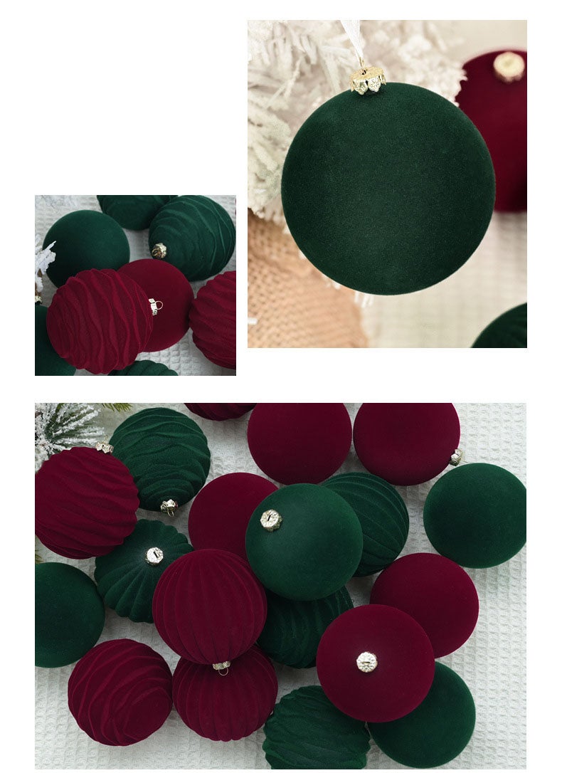 12 peças de decorações de bola de Natal retro requintadas, bolas de Natal de veludo, 8 cm, cor de vinho - 4