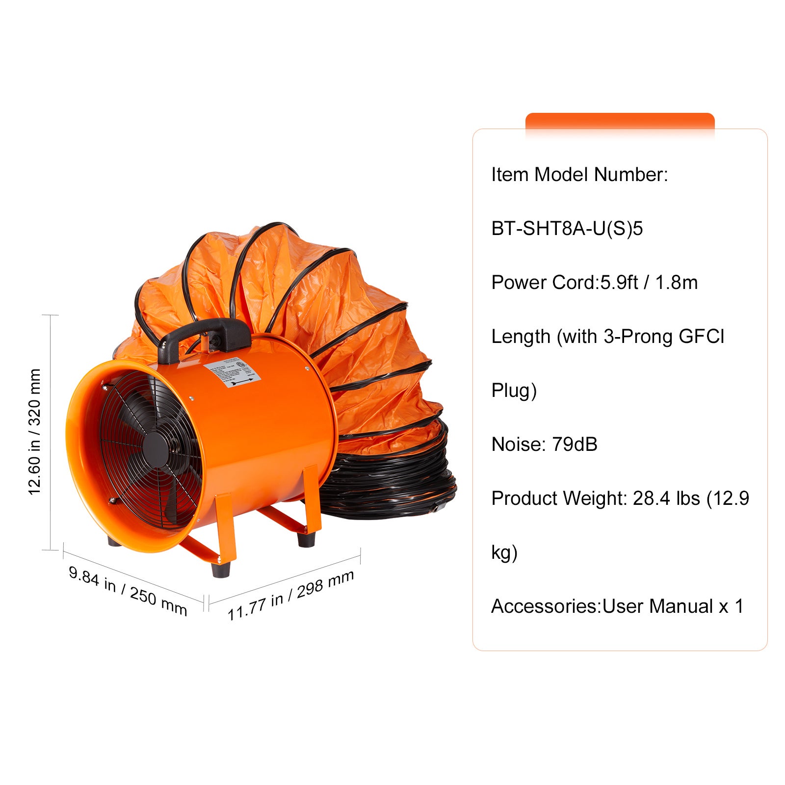 Ventilateur portatif 203,2 mm, tuyau 5 m, extraction 145 W 1020 CFM, ventilateur industriel pour élimination de poussière et fumée SucceBuy - 9