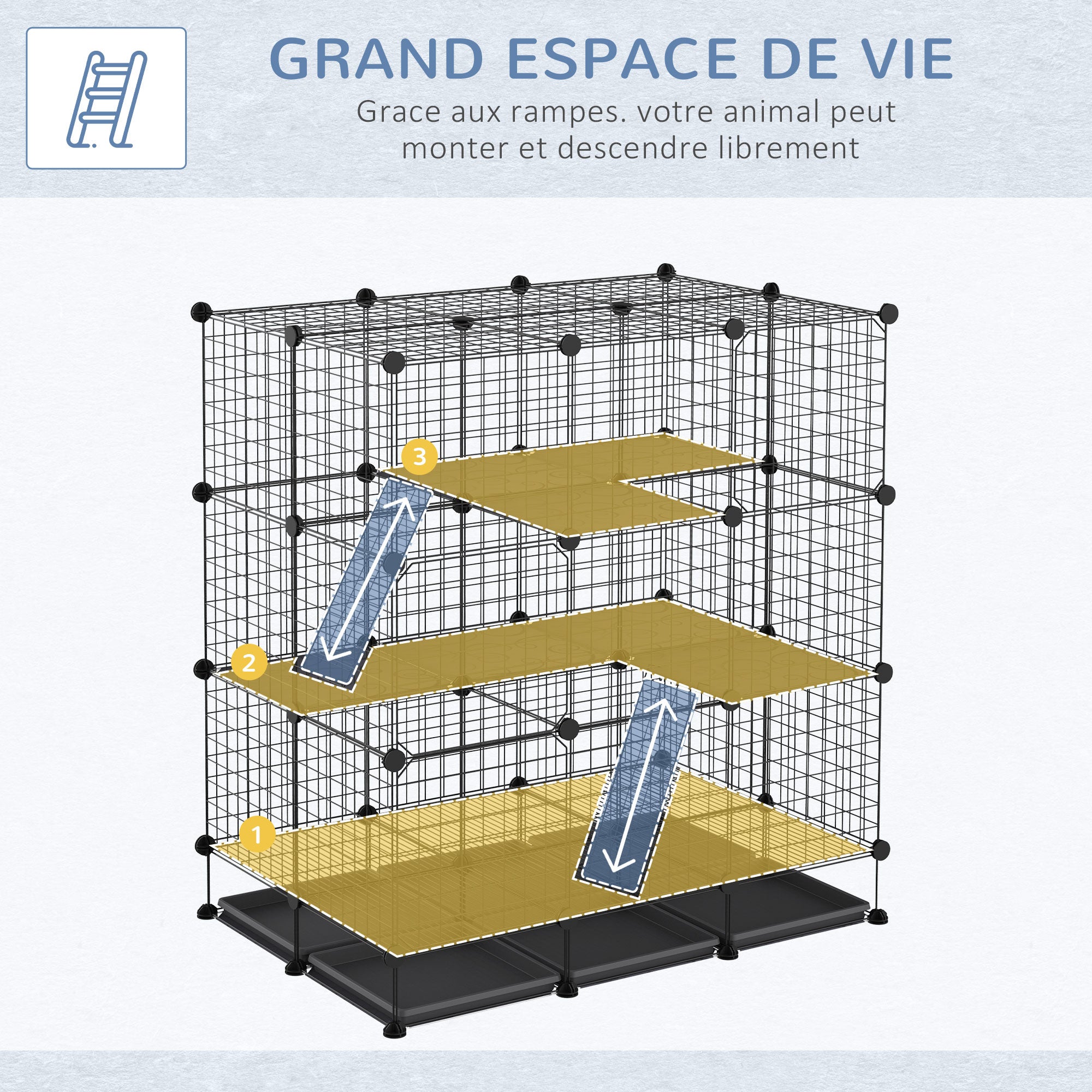 Cage parc enclos rongeurs modulable 3 niveaux 111 x 75 x 119 cm noir ...