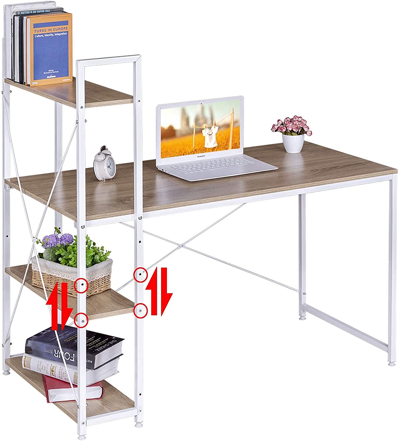 Bureau D'ordinateur Avec Armoire Intégrée Zubaliya - Blanc Et Naturel - Hauteur 180 Cm - Plateau Rotatif, Passe-câbles, Portes Acrylique