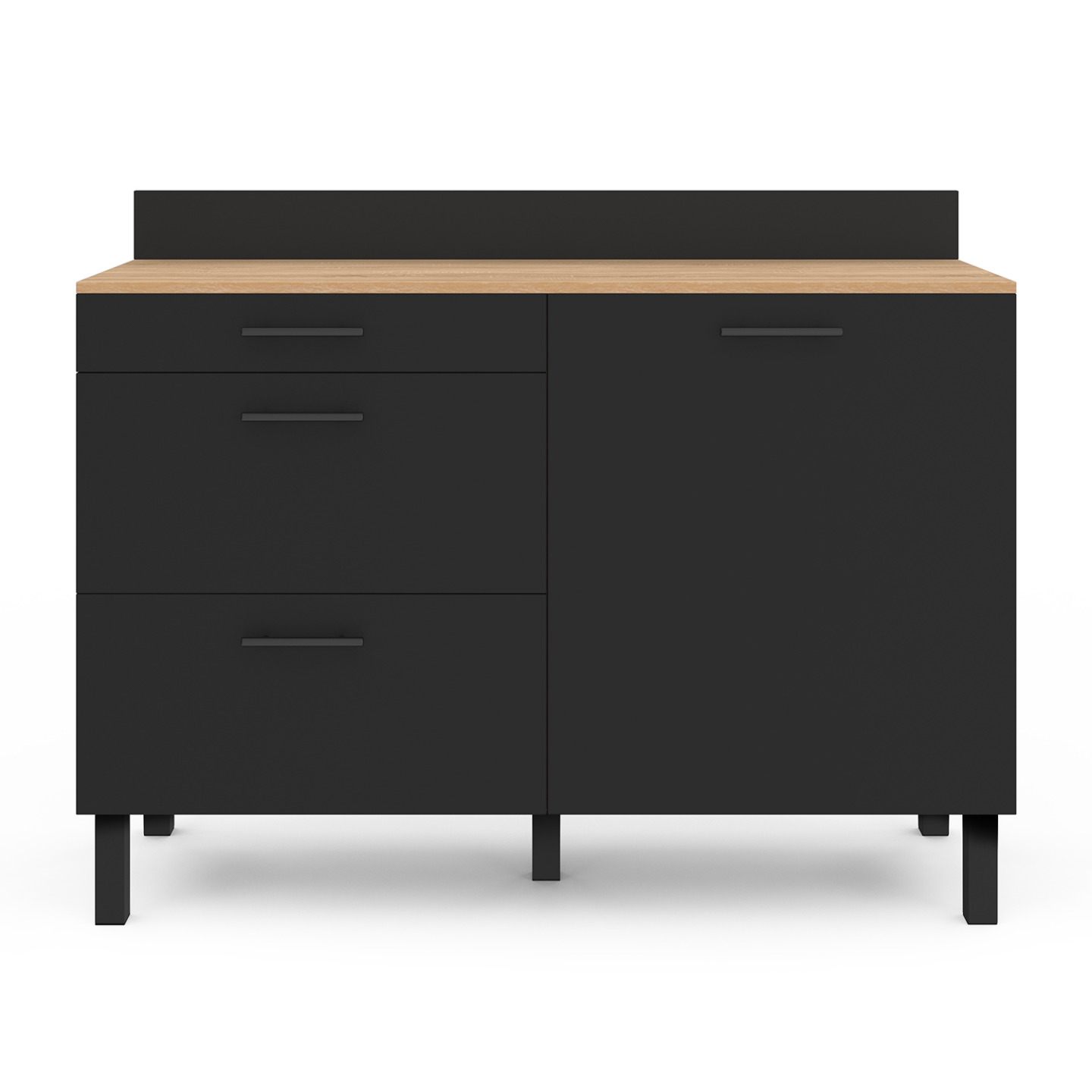Buffet bas casserolier de cuisine 120 cm CINA plan de travail H.83 cm 1 porte + 3 tiroirs façon hêtre et noir - 4