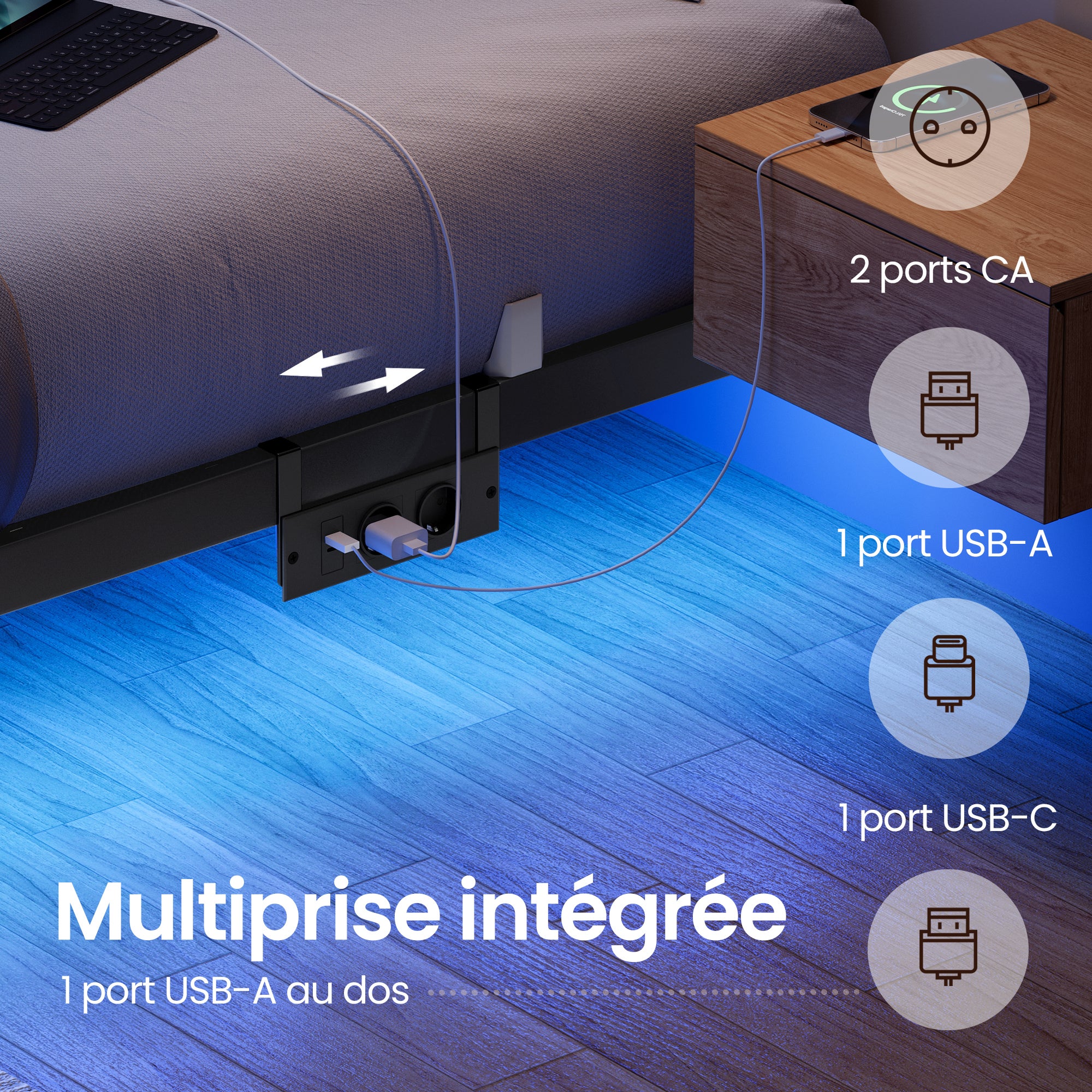 Lit Flottant 140 x 190 cm avec LED, Ports USB et Prises CA, pour Chambre, Capacité 500 kg, Noir - 4