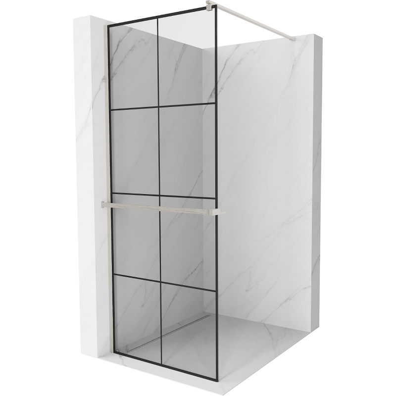 Mexen Kioto+ ścianka prysznicowa z półką Walk-in 70 x 200 cm, czarna kratka, nikiel szczotkowany - 800-070-121-97-77