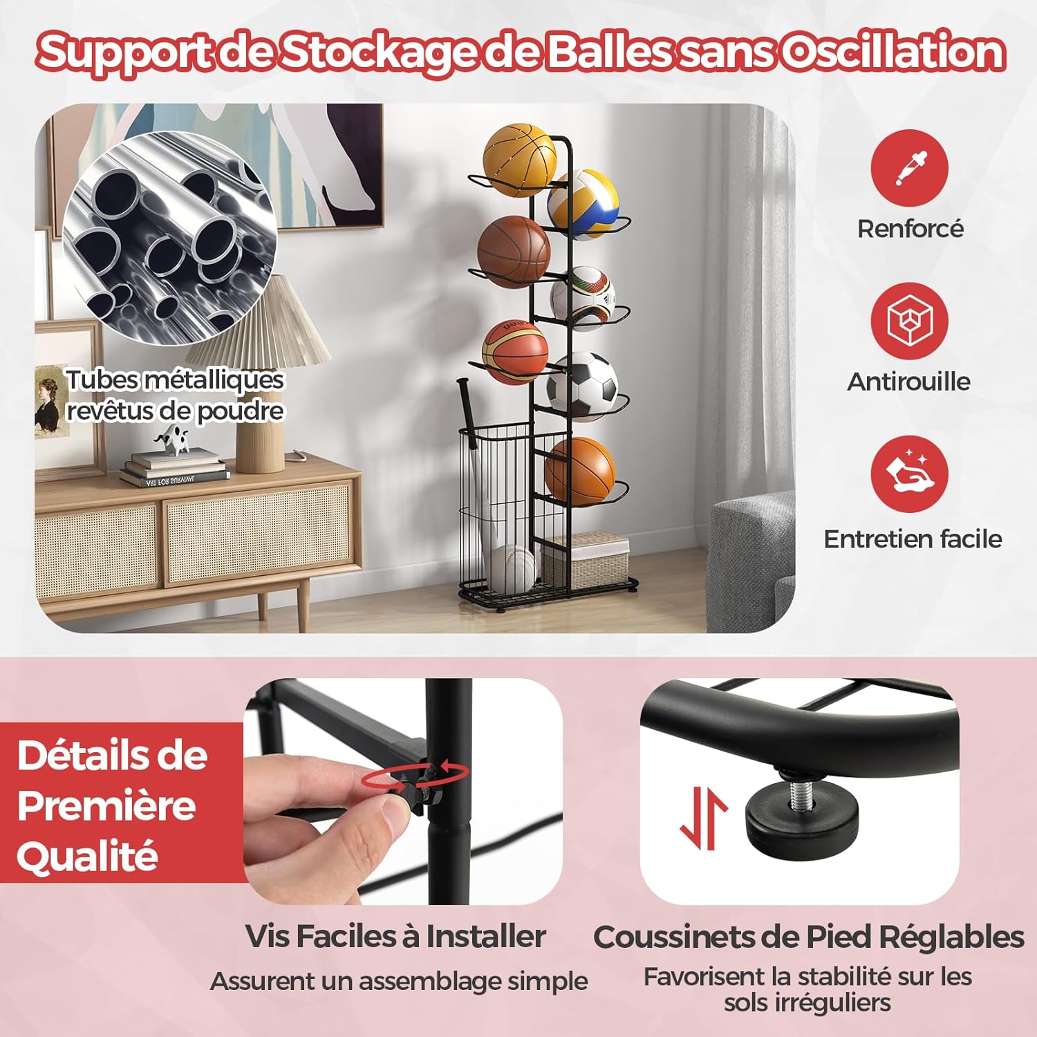 Rack de Arrumação de 7 Níveis, Organizador de Equipamento Desportivo com Cesto, Hastes para Pendurar, para Bolas de Futebol, Bolas de Rugby, Bolas de - 5