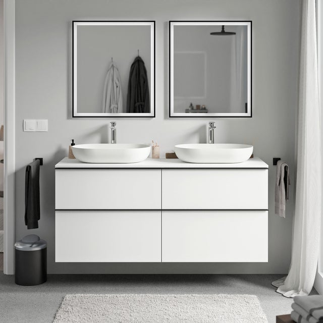 BERNSTEIN - Meuble sous vasque suspendu MDF Blanc mat, plan vasque Blanc mat, poignée Chrome - 140x46x62cm - LAVOA