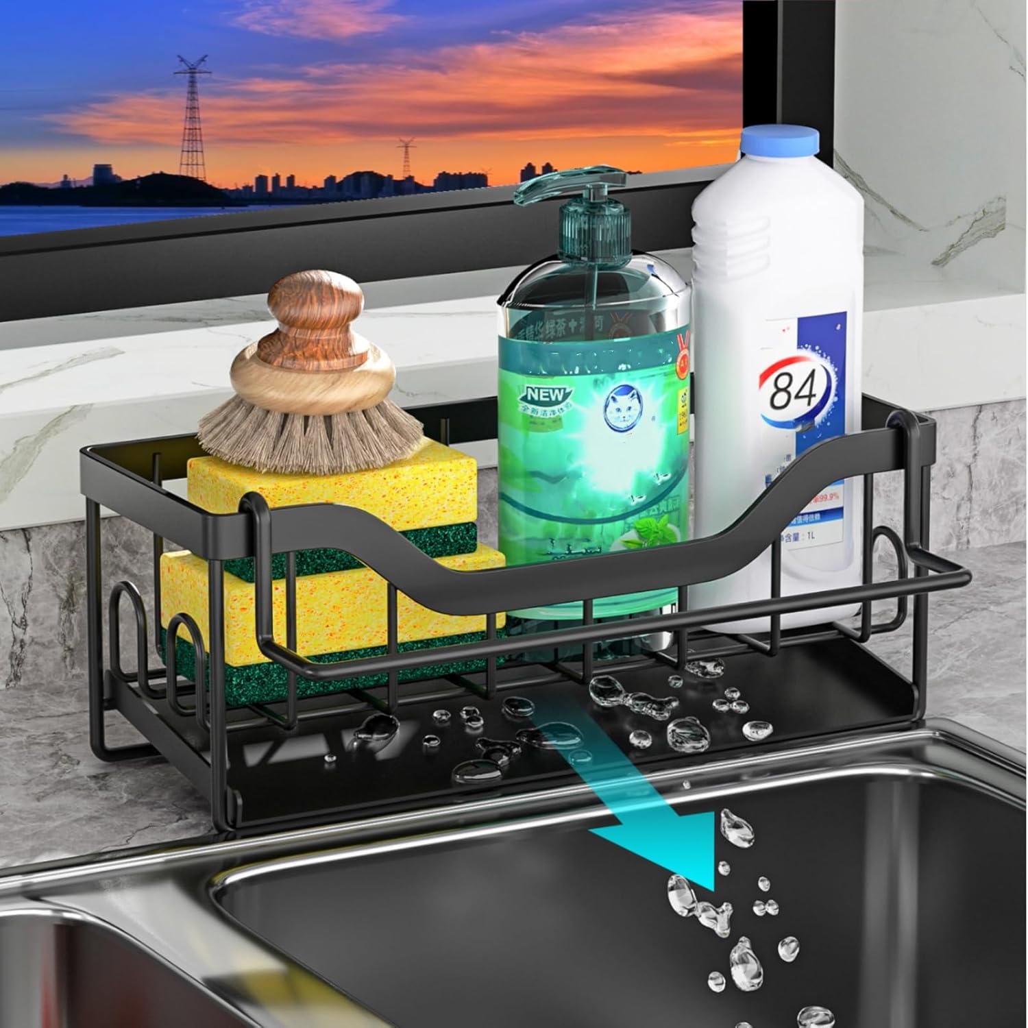 Uchwyt na gąbkę do zlewu kuchennego ze stali nierdzewnej z automatycznym ociekaczem, organizer do przechowywania w kuchni