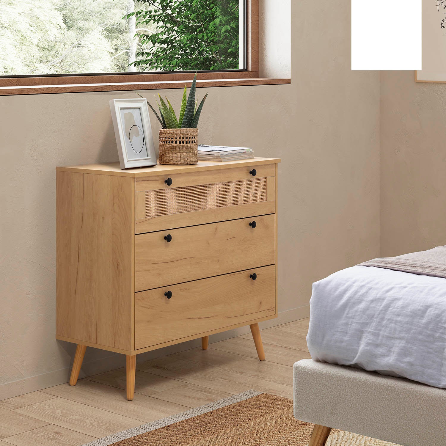Commode Nuit Bella 3 Tiroirs Couleur Chêne avec Rotin Naturel - 6