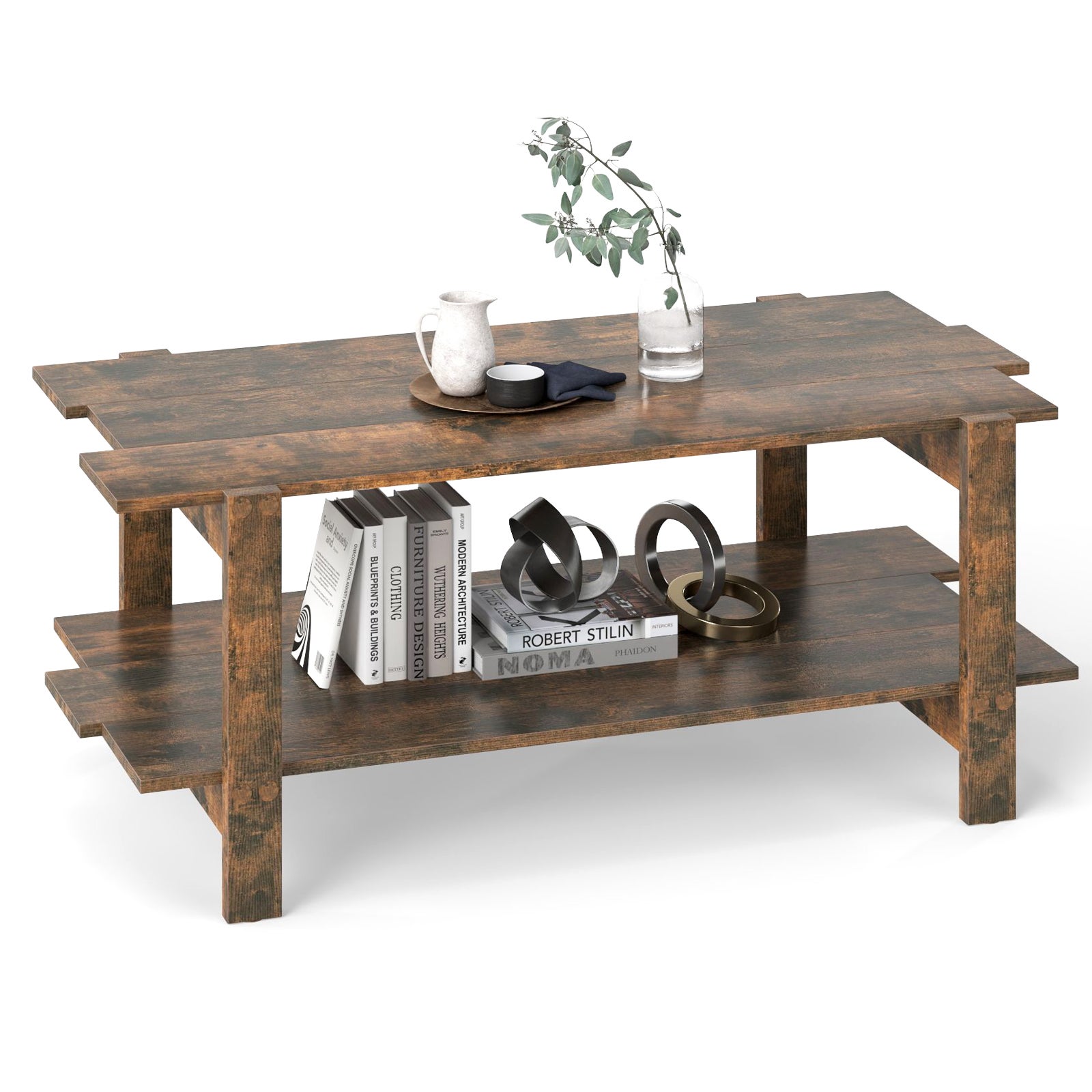 2-poziomowy stolik kawowy, stolik kawowy stelaż drewniany z półką, prostokątny stół do salonu stół sofa stół do salonu biura (brązowy)