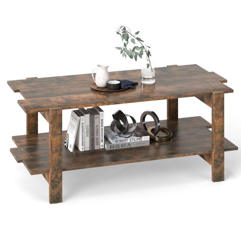 2-poziomowy stolik kawowy, stolik kawowy stelaż drewniany z półką, prostokątny stół do salonu stół sofa stół do salonu biura (brązowy)