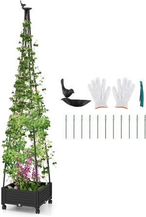 Treillis avec Lit de Jardin Surélevé Obélisque de Plantes Grimpantes, 2 Roues Verrouillables, Charge 15KG, 41x41x208 cm