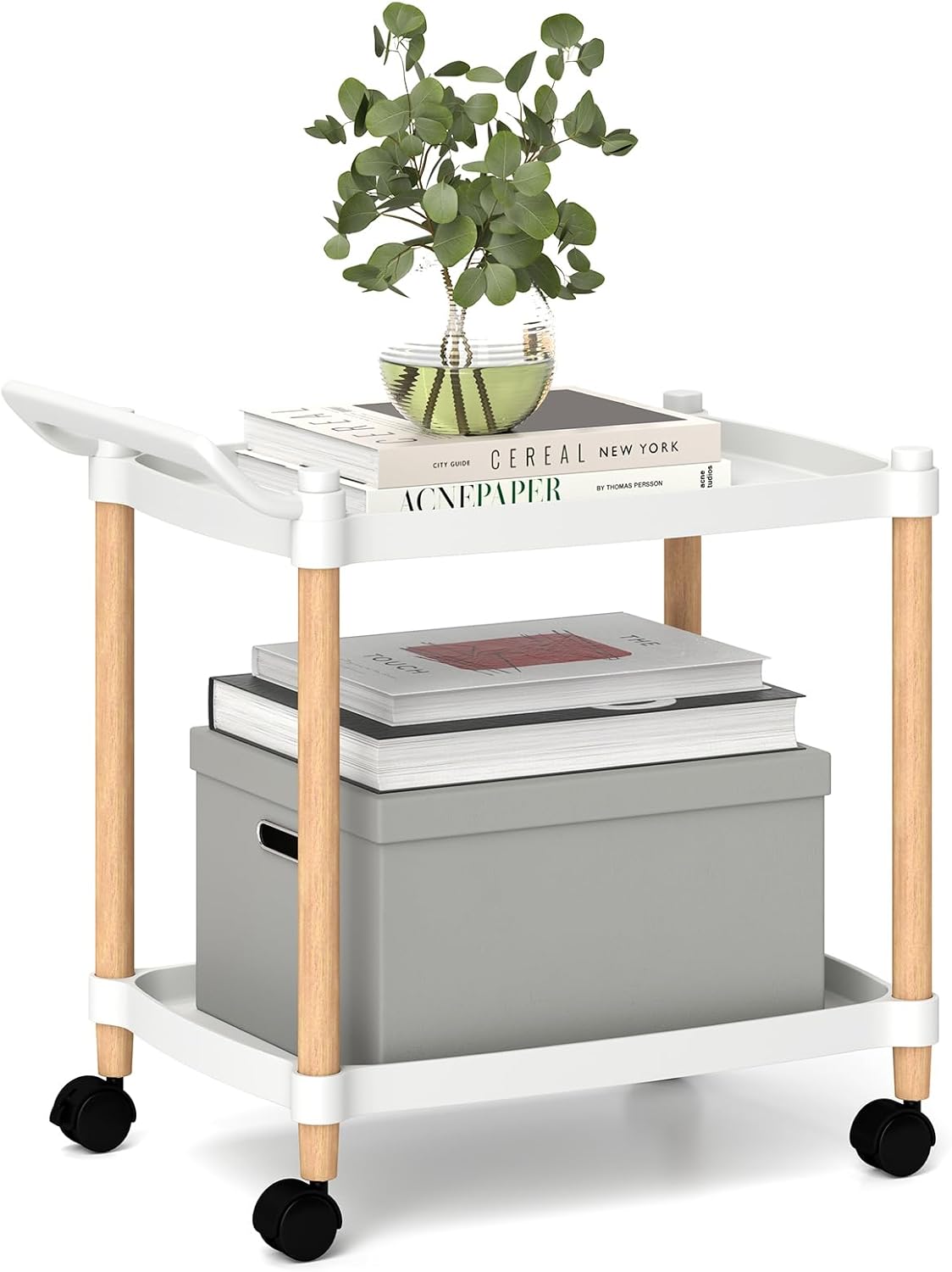 Wózek do serwowania 2 poziomów, regał wnękowy na kółkach, wózek kuchenny z hamulcami i uchwytem, kuchni, biura, 52,5 x 33,5 x 50 cm, biały