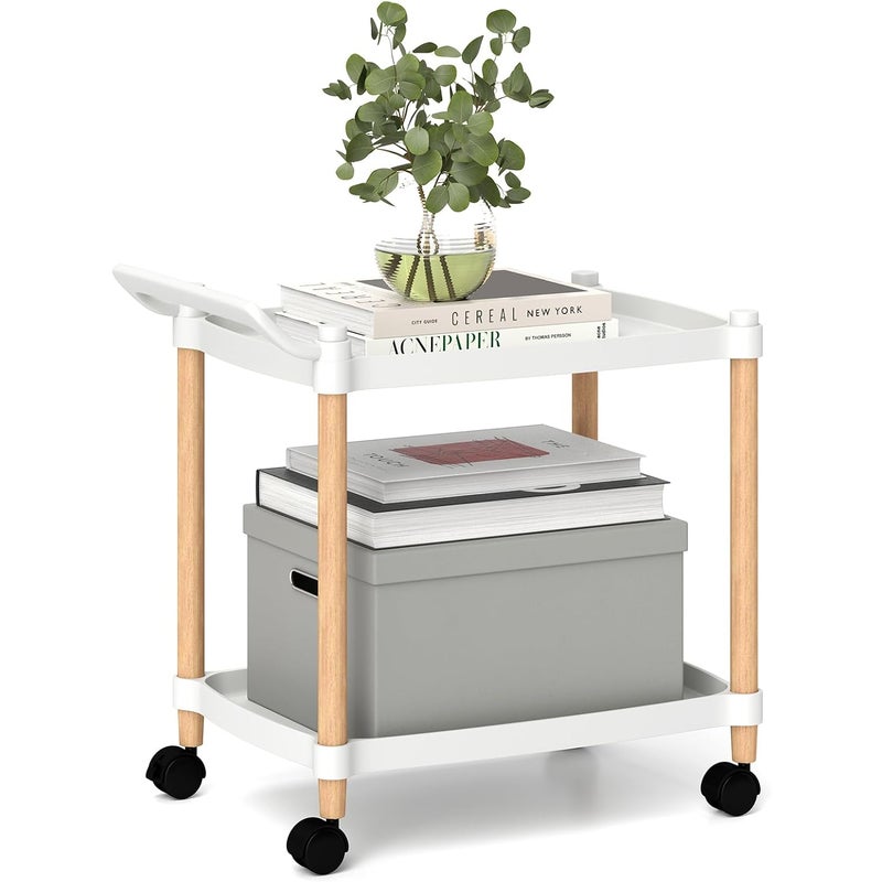 Wózek do serwowania 2 poziomów, regał wnękowy na kółkach, wózek kuchenny z hamulcami i uchwytem, kuchni, biura, 52,5 x 33,5 x 50 cm, biały